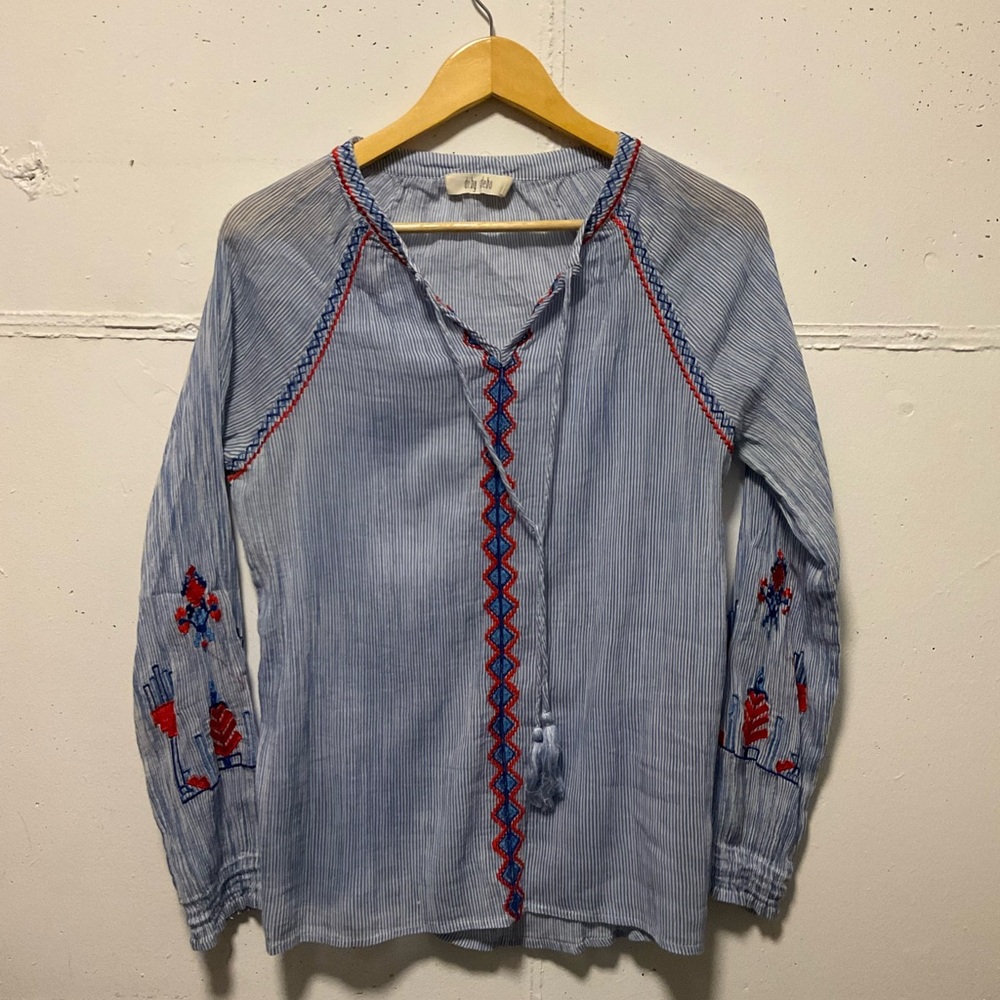 Embroidered Blue Blouse with Red Details